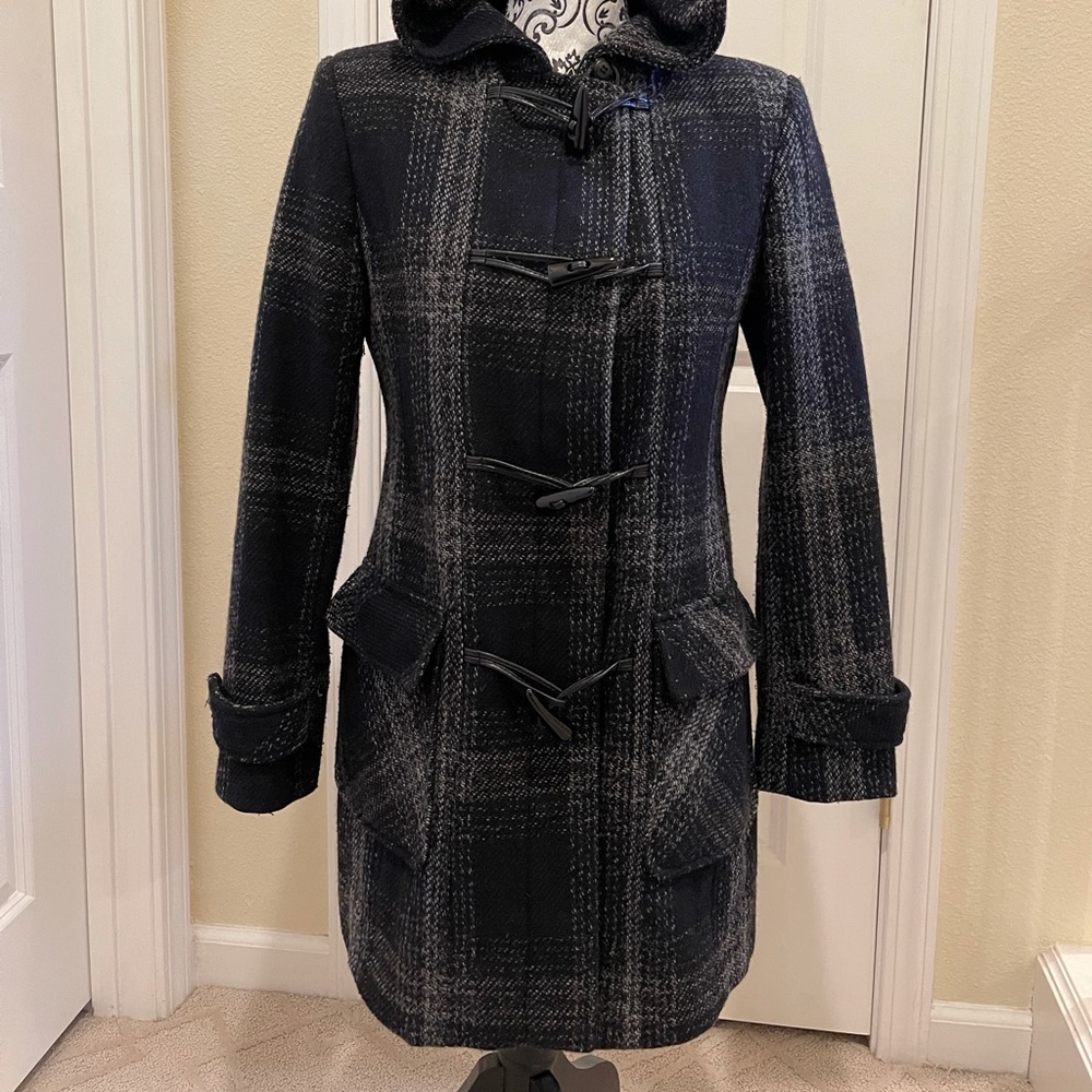 Jones New York Plaid Hooded Wool Toggle Coat